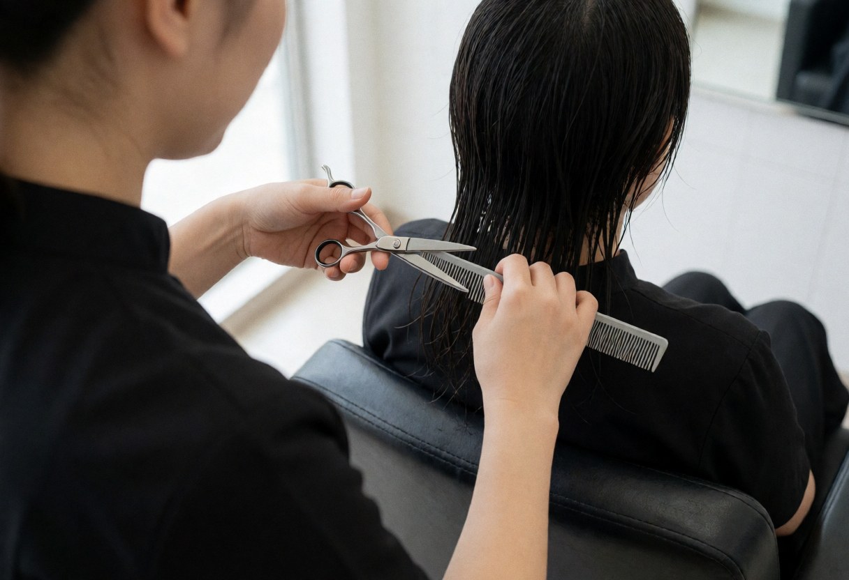 Un coiffeur professionnel coupe des cheveux foncés et humides à l'aide de ciseaux et d'un peigne sur une chaise de salon.