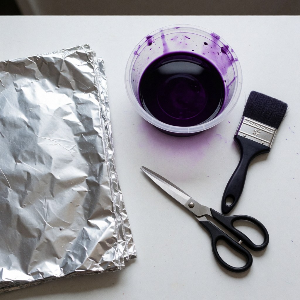 Outillage professionnel pour salon : bol violet contenant colorant, pinceau, ciseaux et feuilles d'aluminium disposés sur une surface blanche propre.
