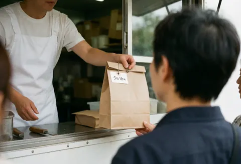 Un employé d'un food truck remet une sacoche portant un nom à un client dans une scène réaliste adaptée au commerce de rue.
