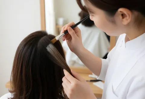 Vue arrière d'une cliente recevant un soin coloration capillaire par une professionnelle dans un salon lumineux et épuré.