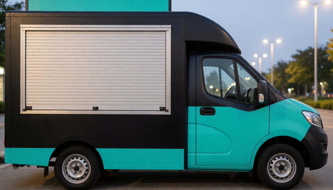 Food truck contemporain aux finitions noires et détails turquoise, fenêtre de service fermée sur fond de rue nocturne éclairée, idéal pour texte commercial.