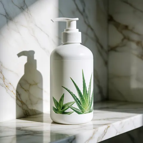 Bouteille blanche de shampooing avec illustration d'aloe vera posée sur un étagère en marbre blanc aux veines dorées, baignée de lumière naturelle et ombragée.