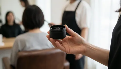 Une main présente un tube de cire noire pour les cheveux dans un salon de coiffure avec un client assis et un fond flou.