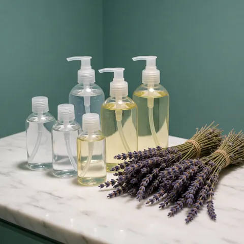 Des pots de gel et des branches de lavande posés sur une table en marbre blanc, dans un cadre esthétique aux murs bleu-vert, idéal pour la promotion de soins personnels.