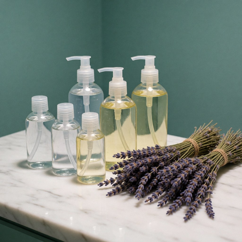 Des pots de gel et des branches de lavande posés sur une table en marbre blanc, dans un cadre esthétique aux murs bleu-vert, idéal pour la promotion de soins personnels.