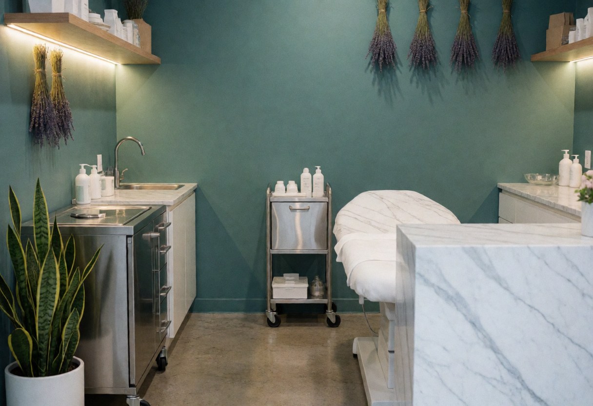 Vue intérieure d'un cabinet de soins esthétiques avec des murs bleu-vert, un sol en béton poli, une table en marbre et un chariot de stérilisation. Décoration à la lavande et plantes. Ambiance propre et relaxante.