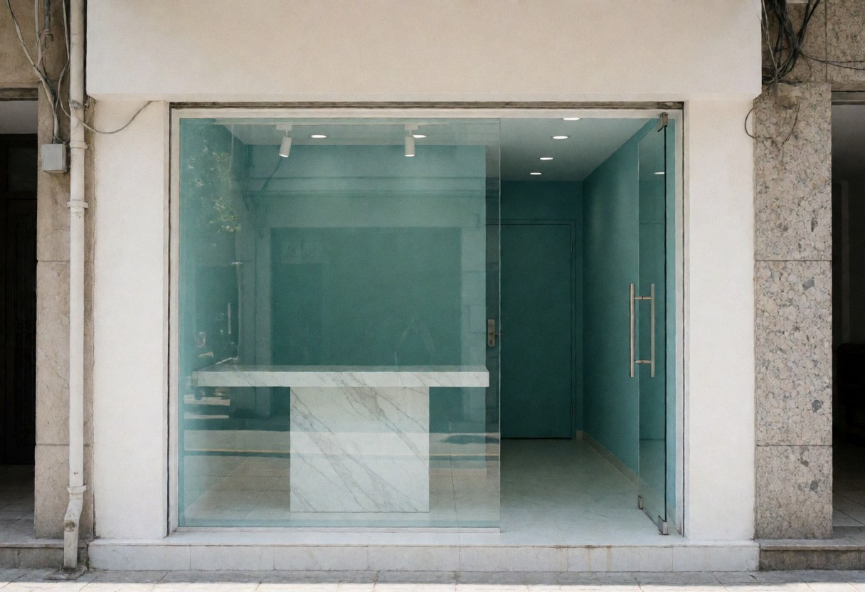 Façade d'une clinique de beauté avec murs bleu-vert, table en marbre et fenêtre en verre. Entrée propre et accueillante, idéale pour les entreprises de beauté.