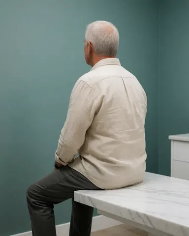 Un homme senior détendu sur une table en marbre dans un salon de beauté aux murs turquoise, évoquant calme et bien-être.