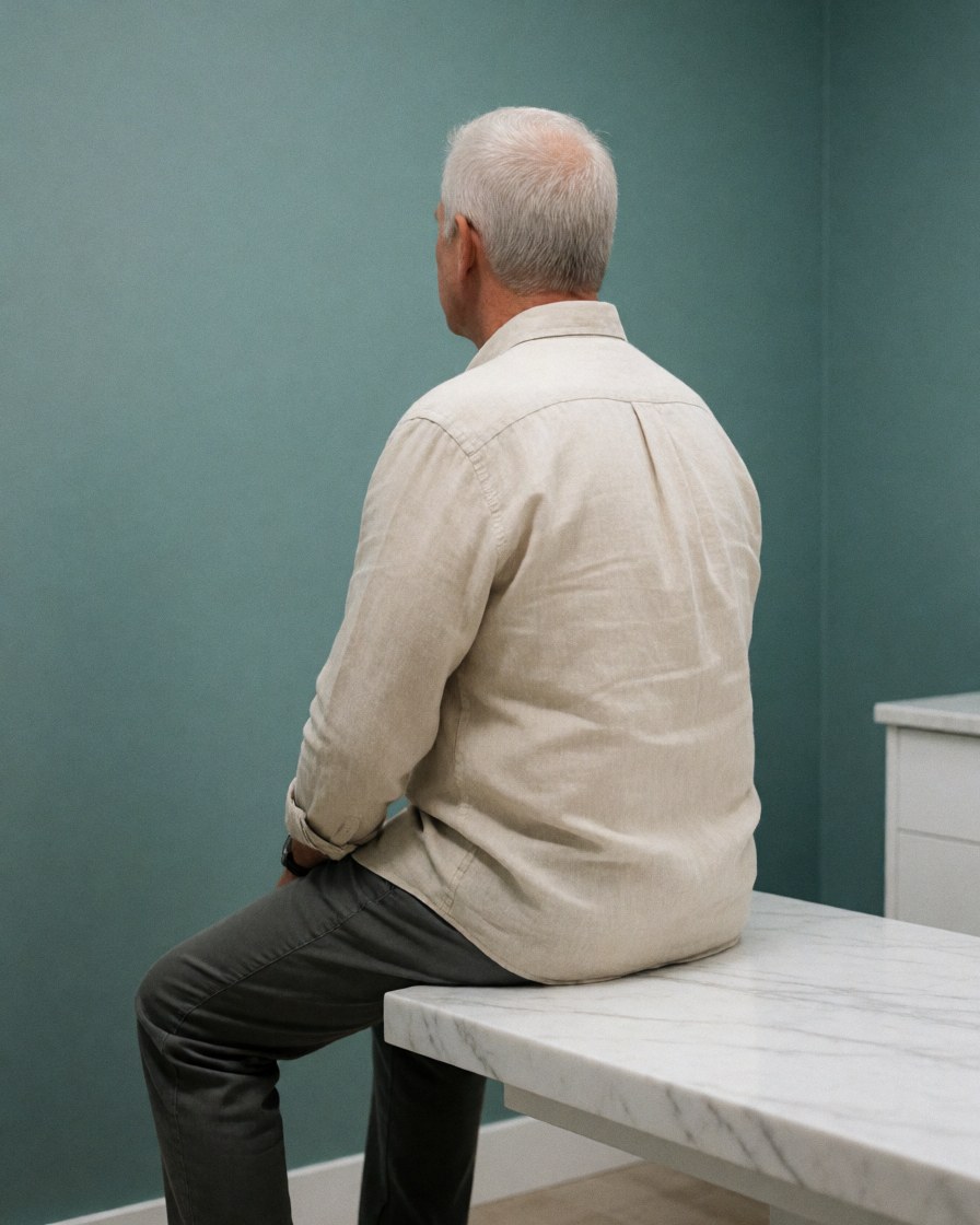 Un homme senior détendu sur une table en marbre dans un salon de beauté aux murs turquoise, évoquant calme et bien-être.