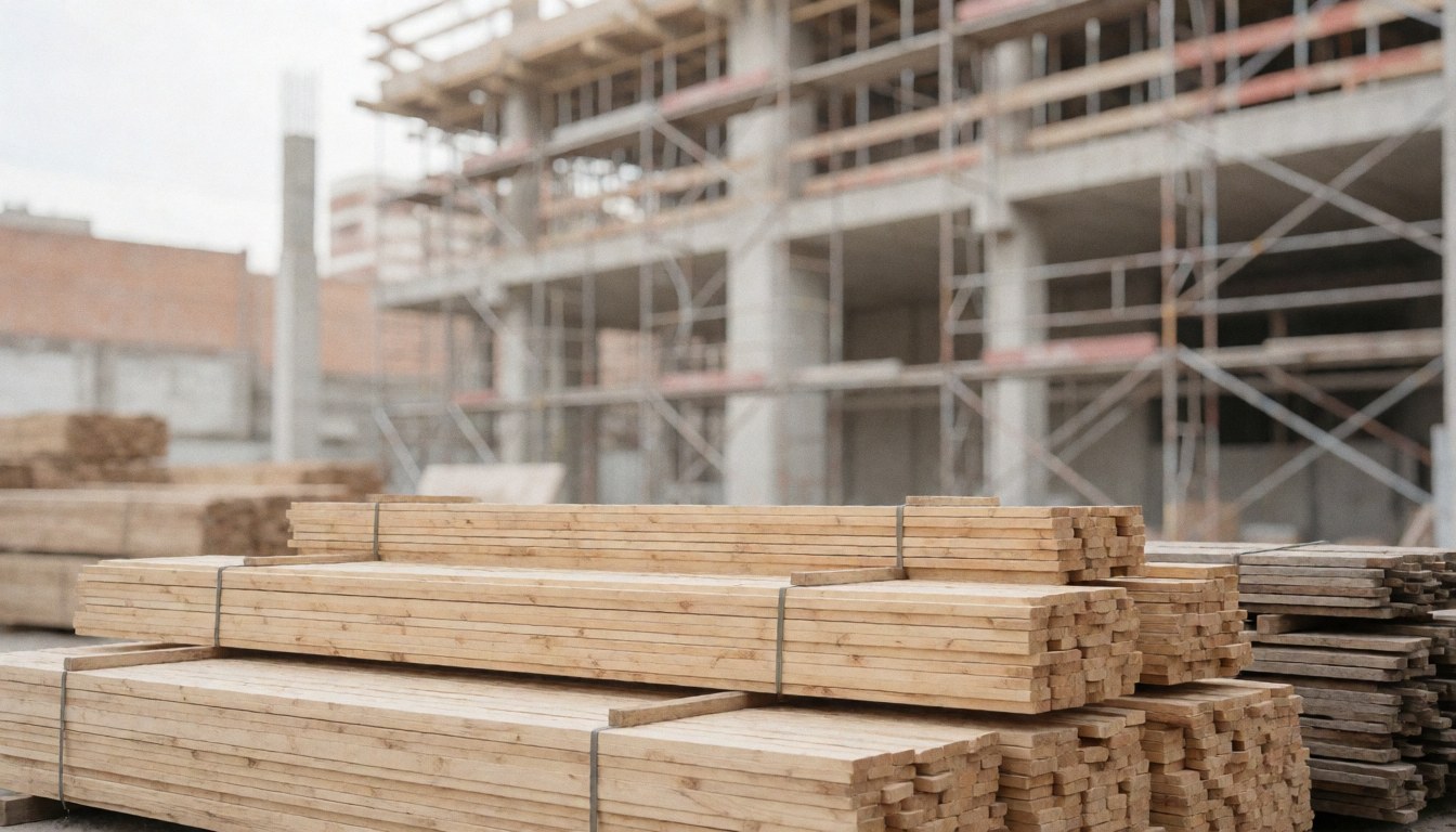 Arrière-plan flou de bois avec des éléments de construction comme des échafaudages et des briques, idéal pour ajouter du texte dans un contexte commercial.