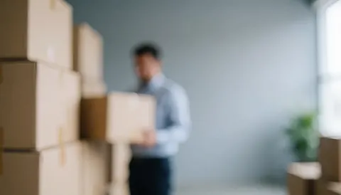 Arrière-plan flou d'un entrepôt avec des cartons empilés, idéal comme fond neutre pour ajouter du texte dans un contexte logistique ou de déménagement.