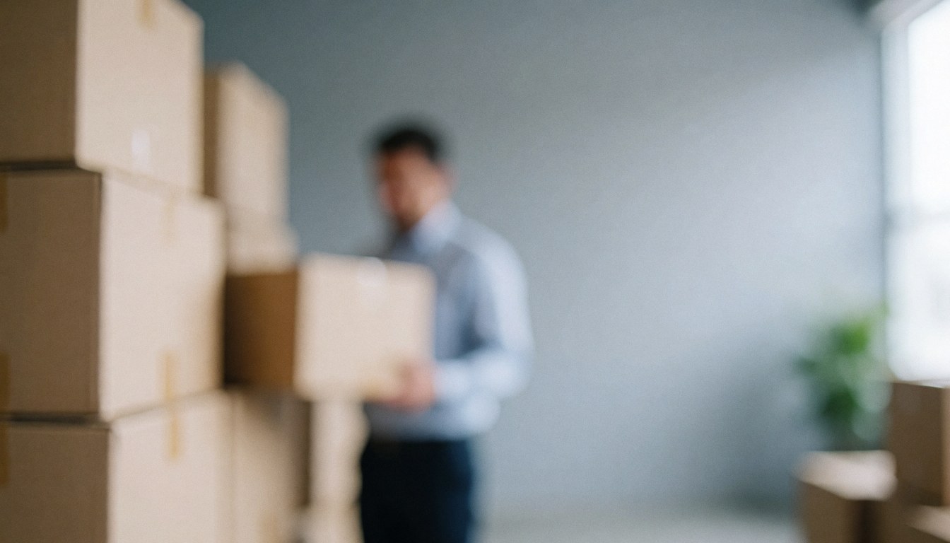 Arrière-plan flou d'un entrepôt avec des cartons empilés, idéal comme fond neutre pour ajouter du texte dans un contexte logistique ou de déménagement.