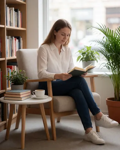 Une femme lit confortablement dans un fauteuil près d'une fenêtre, entourée de livres, d'une tasse de café et de plantes vertes.