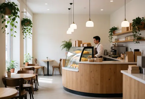 Café chaleureux avec comptoir en bois courbé, plantes suspendues, tables et chaises. Personne travaillant dans le café, lumière naturelle.