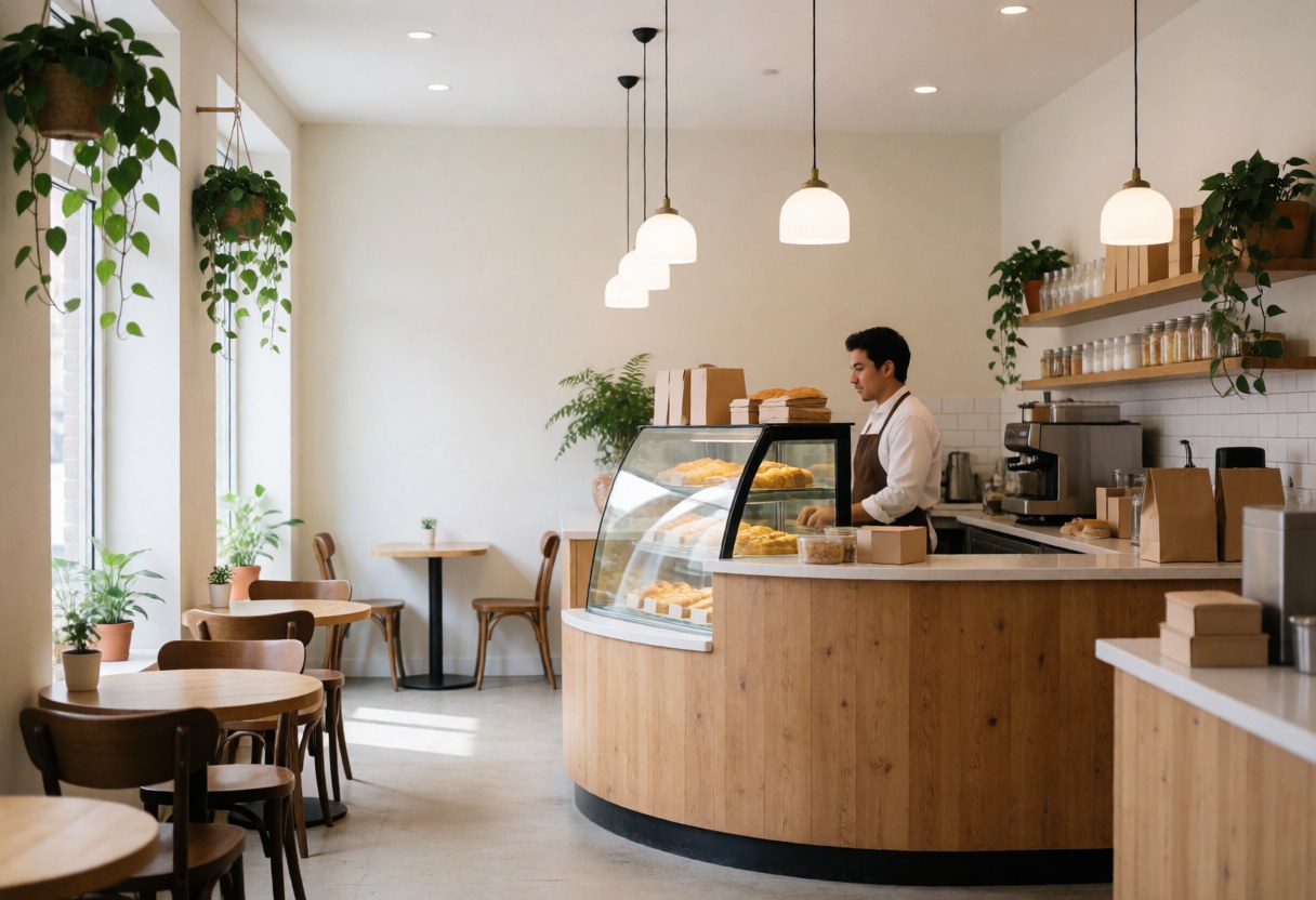 Café chaleureux avec comptoir en bois courbé, plantes suspendues, tables et chaises. Personne travaillant dans le café, lumière naturelle.