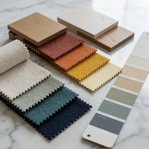 Échantillons de tissu, de bois et de peinture disposés en dégradé sur une surface en marbre, avec un éclairage doux, idéal pour les architectes et les designers d'intérieur.