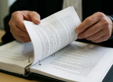 Gros plan sur des mains adultes feuilletant un classeur avec des pages blanches au texte flou, éclairage naturel et ambiance professionnelle.