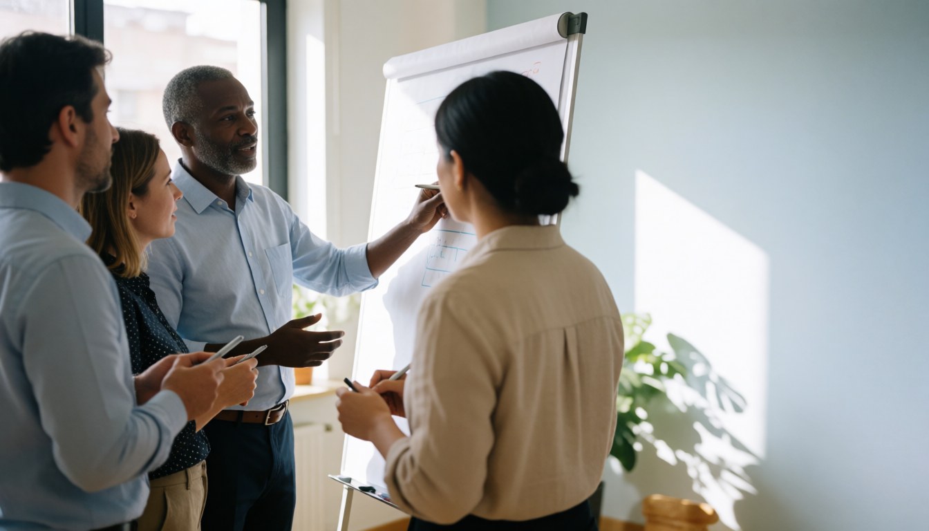 Quatre professionnels en réunion dans un bureau moderne, l'un écrit au tableau pendant que les autres discutent, éclairage naturel.