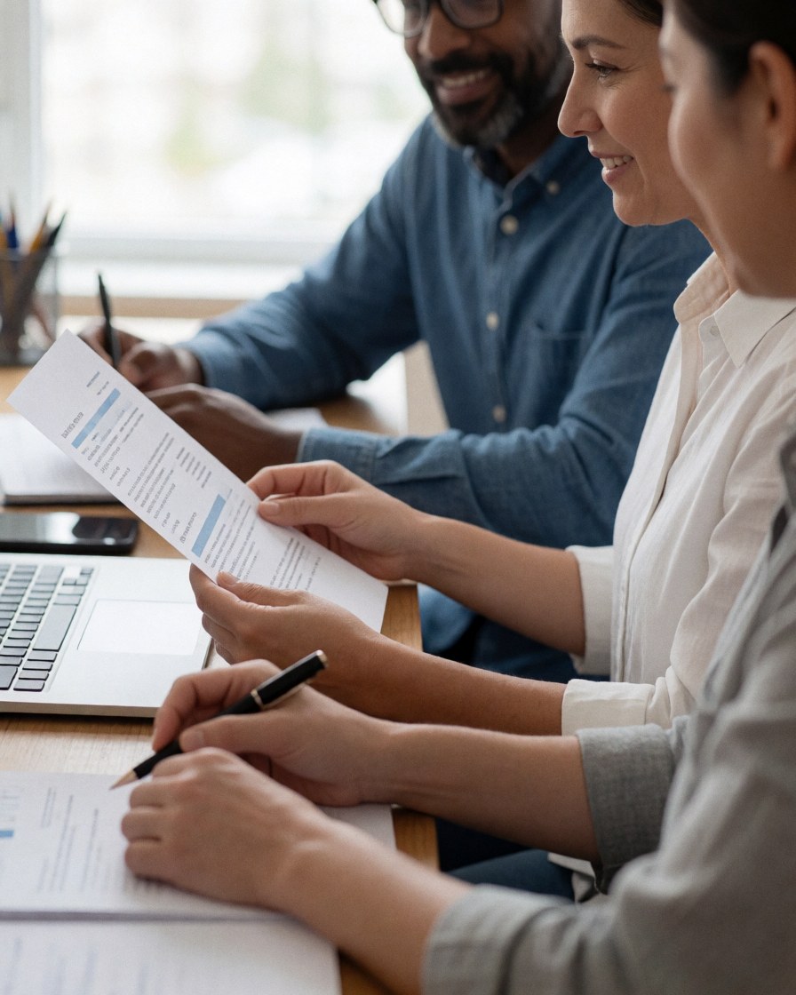 Une cliente souriante vérifie des papiers avec un consultant dans un bureau lumineux, illustrant la satisfaction client et le travail collaboratif.