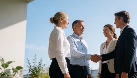 Quatre professionnels en tenue d'affaires serrent la main dans un parc moderne, souriant sous un ciel clair.