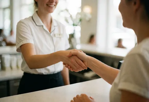 Une serveuse sourit et salue une cliente avec la main dans un hall d'hôtel clair et professionnel, illustrant un service attentif.