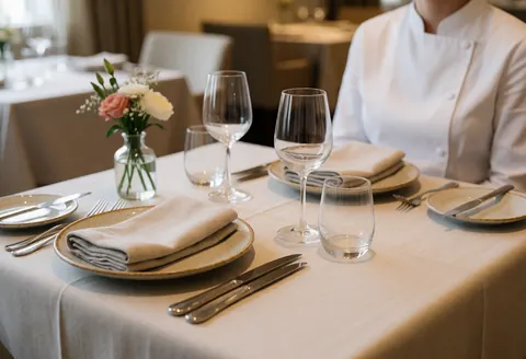 Une table de restaurant élégante dressée pour deux personnes, ornée de vaisselle, de verres, d'un vase avec une rose et de couverts.