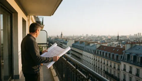 Un agent immobilier d'âge mûr examine des plans architecturaux sur un balcon offrant une vue panoramique sur une ville européenne au coucher du soleil.