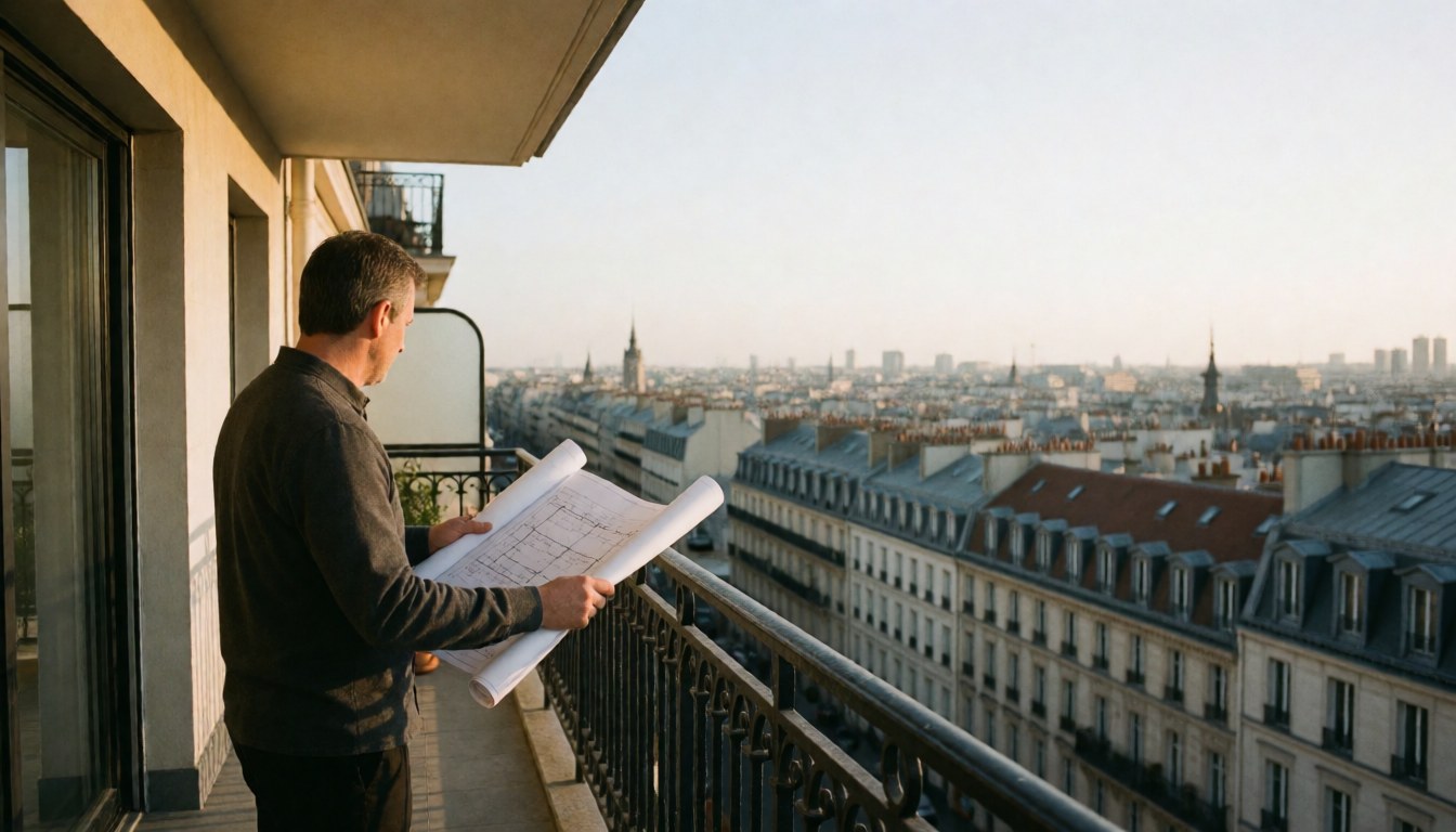 Un agent immobilier d'âge mûr examine des plans architecturaux sur un balcon offrant une vue panoramique sur une ville européenne au coucher du soleil.