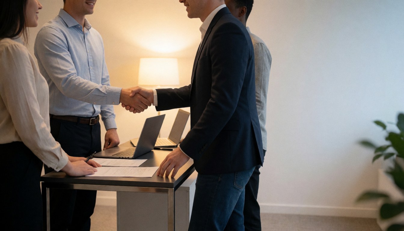 Deux professionnels signent un document sur une table avec des ordinateurs portables, dans un bureau lumineux et moderne.