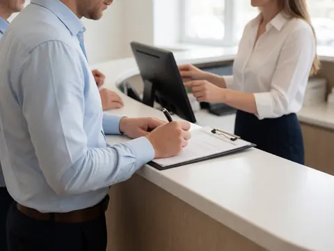 Un patient signe un document à la réception tandis qu'une employée utilise un ordinateur dans un environnement professionnel et moderne.
