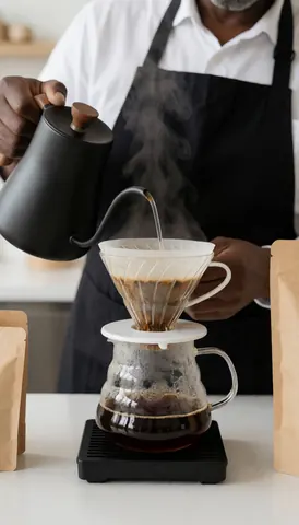 Un barista prépare du café filtré en utilisant une théière et un filtre, avec de la vapeur visible dans un cadre professionnel.