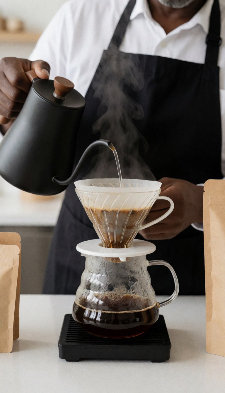 Un barista prépare du café filtré en utilisant une théière et un filtre, avec de la vapeur visible dans un cadre professionnel.