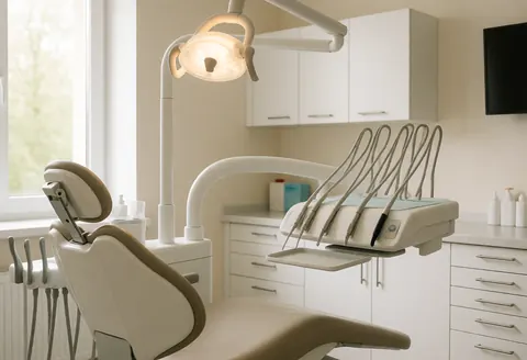 Espace de travail dentaire lumineux avec fauteuil, instruments, armoires blanches et lumière naturelle par la fenêtre.