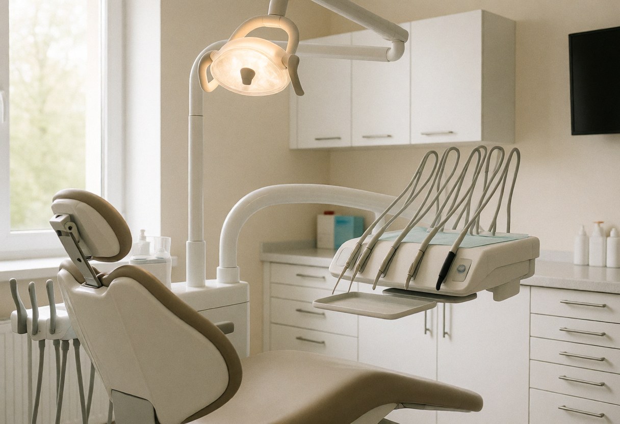 Espace de travail dentaire lumineux avec fauteuil, instruments, armoires blanches et lumière naturelle par la fenêtre.