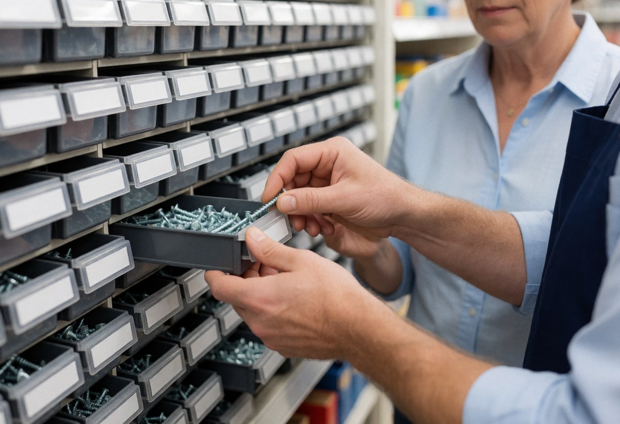 Un vendeur en magasin d'outillage choisit des vis dans un tiroir organisé, avec des étagères bien rangées en arrière-plan et une lumière claire.