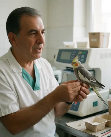 Un vétérinaire professionnel tient un perroquet cockatiel calme dans sa clinique tout en expliquant les soins aux oiseaux avec du matériel médical moderne en arrière-plan.