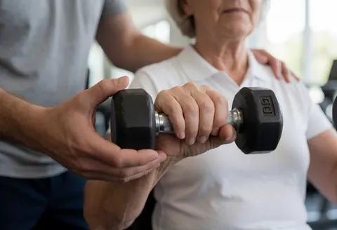 Un entraîneur personal aide un client âgé à effectuer un exercice avec une haltère dans un gymnase, en se concentrant sur les mains et l'équipement.