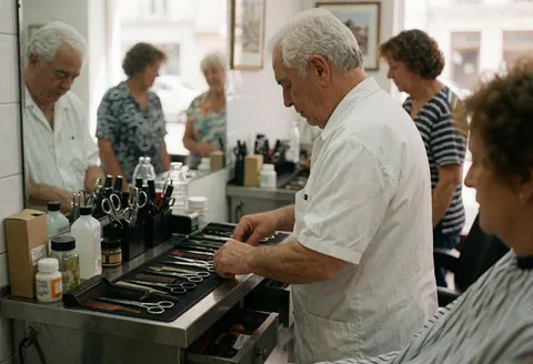 Un barbier en uniforme blanc range ciseaux et peignes sur un plan de travail en acier inoxydable, avec des clients en arrière-plan dans un salon propre.