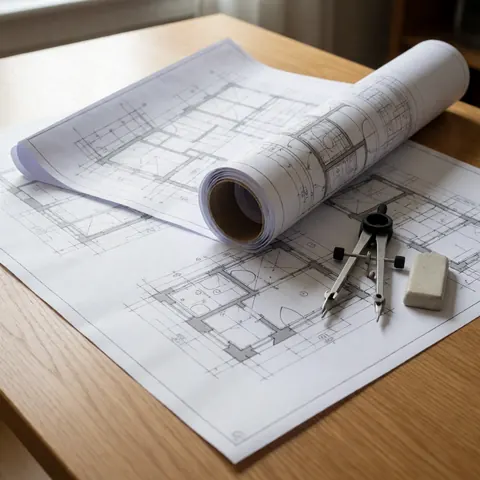 Des plans architecturaux détaillés sont étalés sur une surface en bois clair, accompagnés d'un compas et d'autres outils de dessin technique pour la conception.