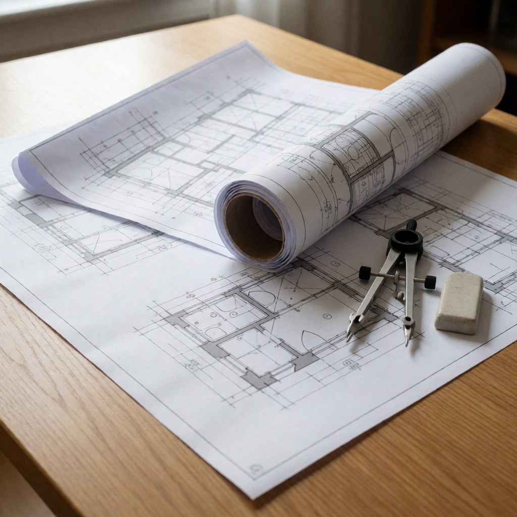 Des plans architecturaux détaillés sont étalés sur une surface en bois clair, accompagnés d'un compas et d'autres outils de dessin technique pour la conception.