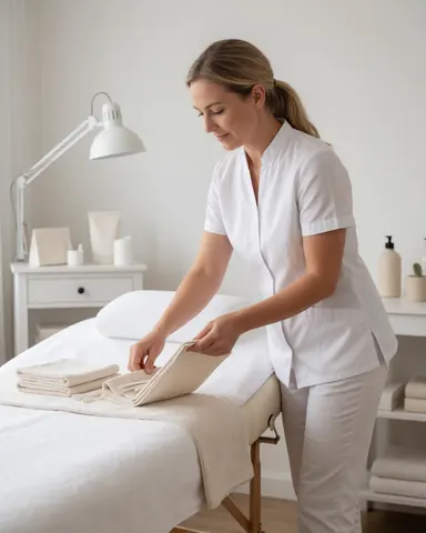 Une thérapeute organise des servies sur un lit de massage dans un salon spa moderne et propre pour préparer l'espace.