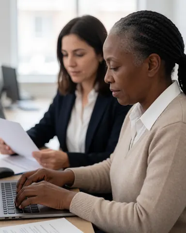 Équipe professionnelle travaillant ensemble sur des documents financiers dans un environnement de bureau moderne avec éclairage naturel.