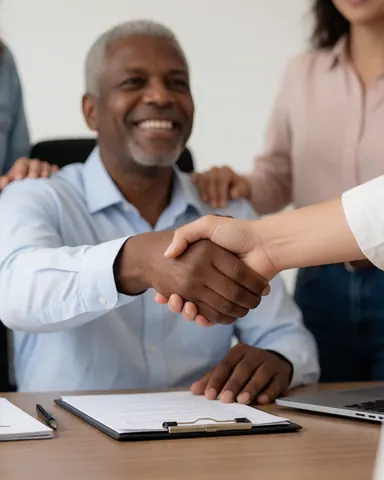 Un homme d'affaires souriant serre la main d'un client dans un bureau professionnel avec un contrat, un ordinateur portable et des documents sur le bureau.