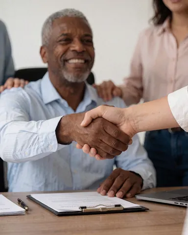 Un homme d'affaires souriant serre la main d'un client dans un bureau professionnel avec un contrat, un ordinateur portable et des documents sur le bureau.