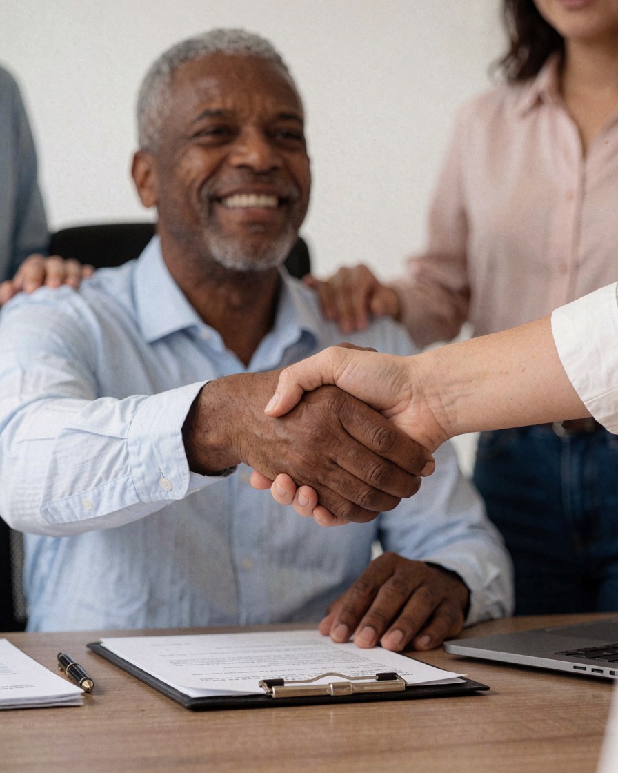 Un homme d'affaires souriant serre la main d'un client dans un bureau professionnel avec un contrat, un ordinateur portable et des documents sur le bureau.