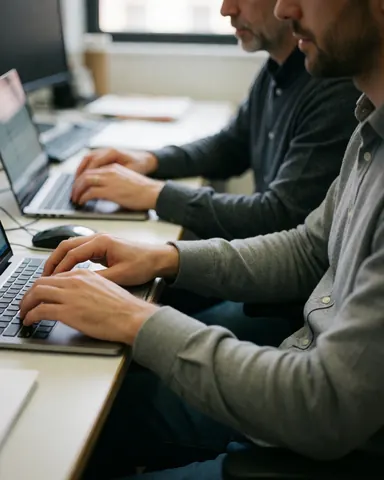 Scène de collaboration professionnelle au bureau avec ordinateurs portables et documents sur table.