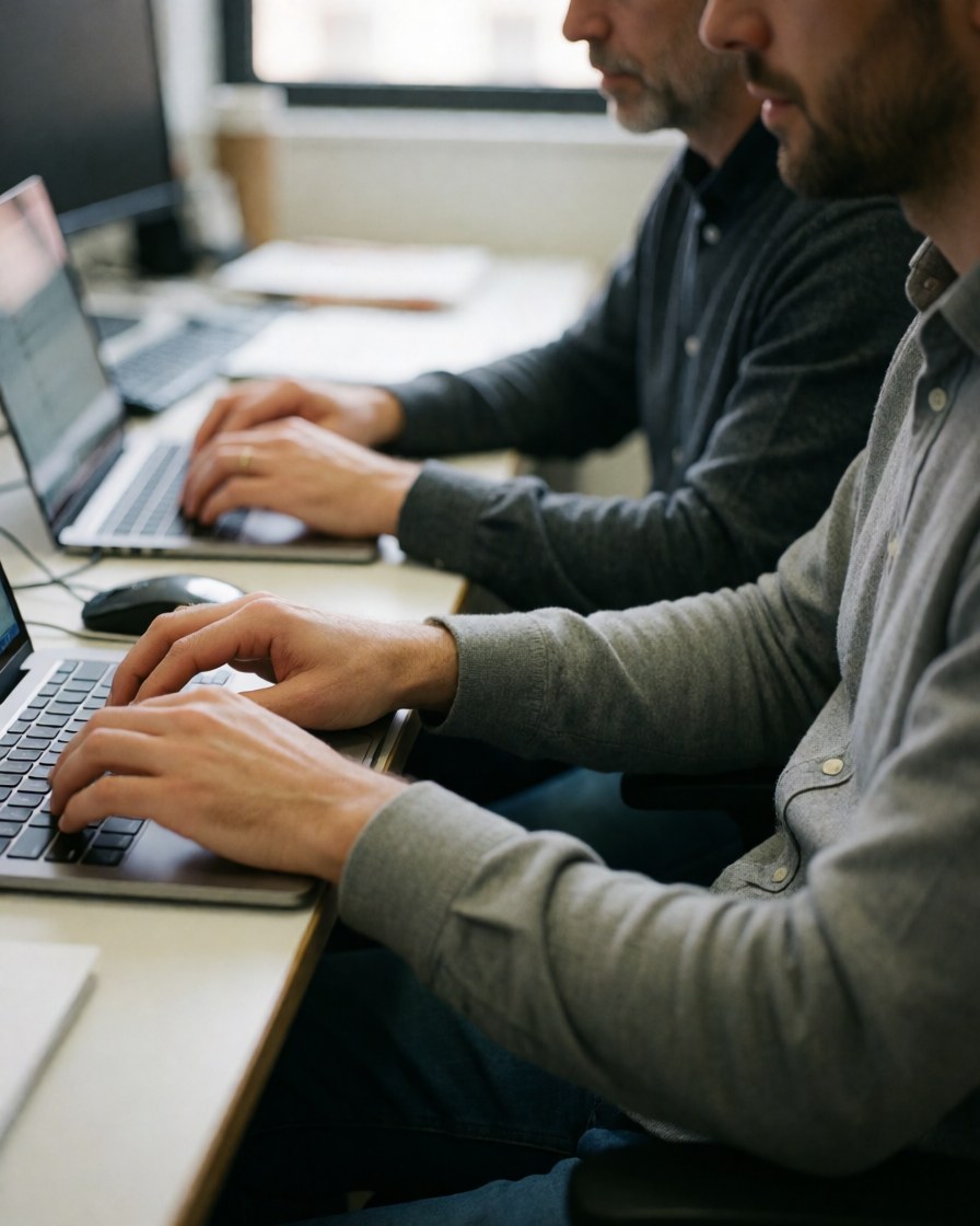 Scène de collaboration professionnelle au bureau avec ordinateurs portables et documents sur table.