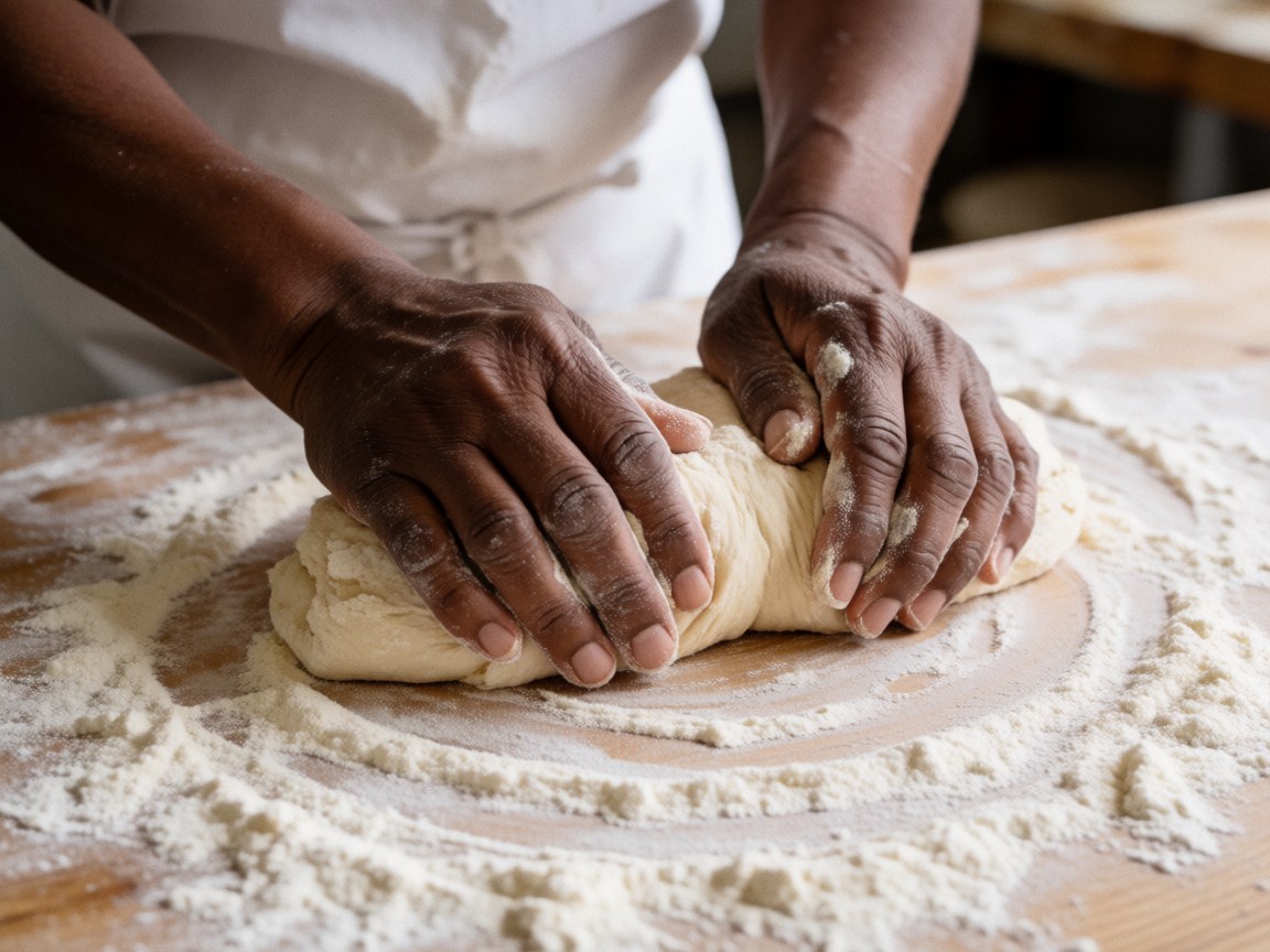 Une main d'expert malaxe avec précision une boule de pâte sur une surface en bois, dans un contexte de boulangerie artisanale.