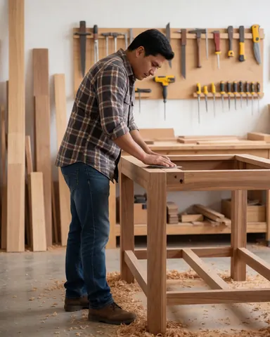 Un menuisier ajuste une table en bois dans son atelier avec des outils suspendus au mur et des copeaux sur le sol.