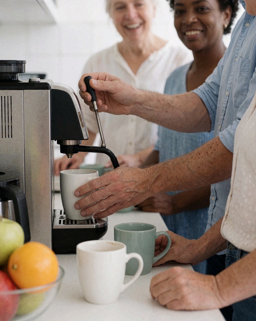 Personne préparant du café avec une machine, des fruits et une tasse sur un plan de travail propre et professionnel dans un environnement de coworking.